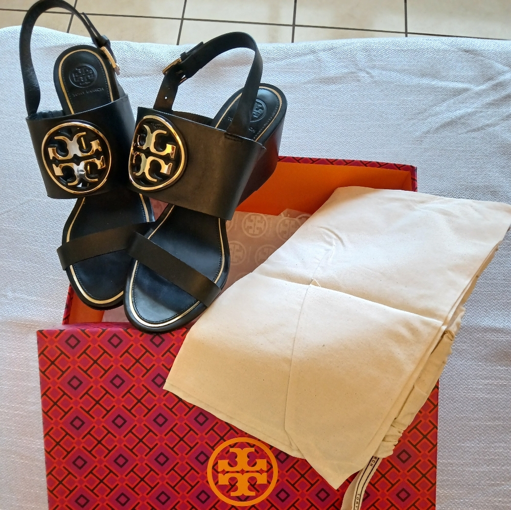 Tory Burch Black Sandals with Gold Logo